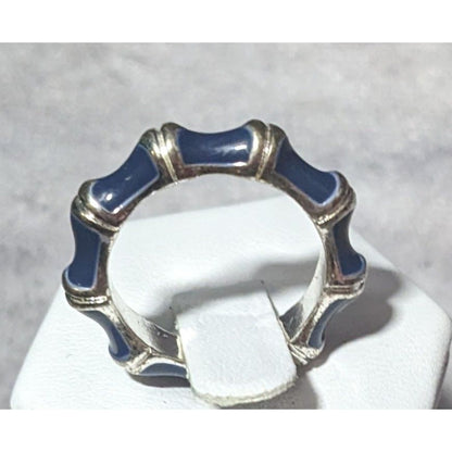 Vintage Bamboo Style Blue Enamel Silver Tone Ring Size 8