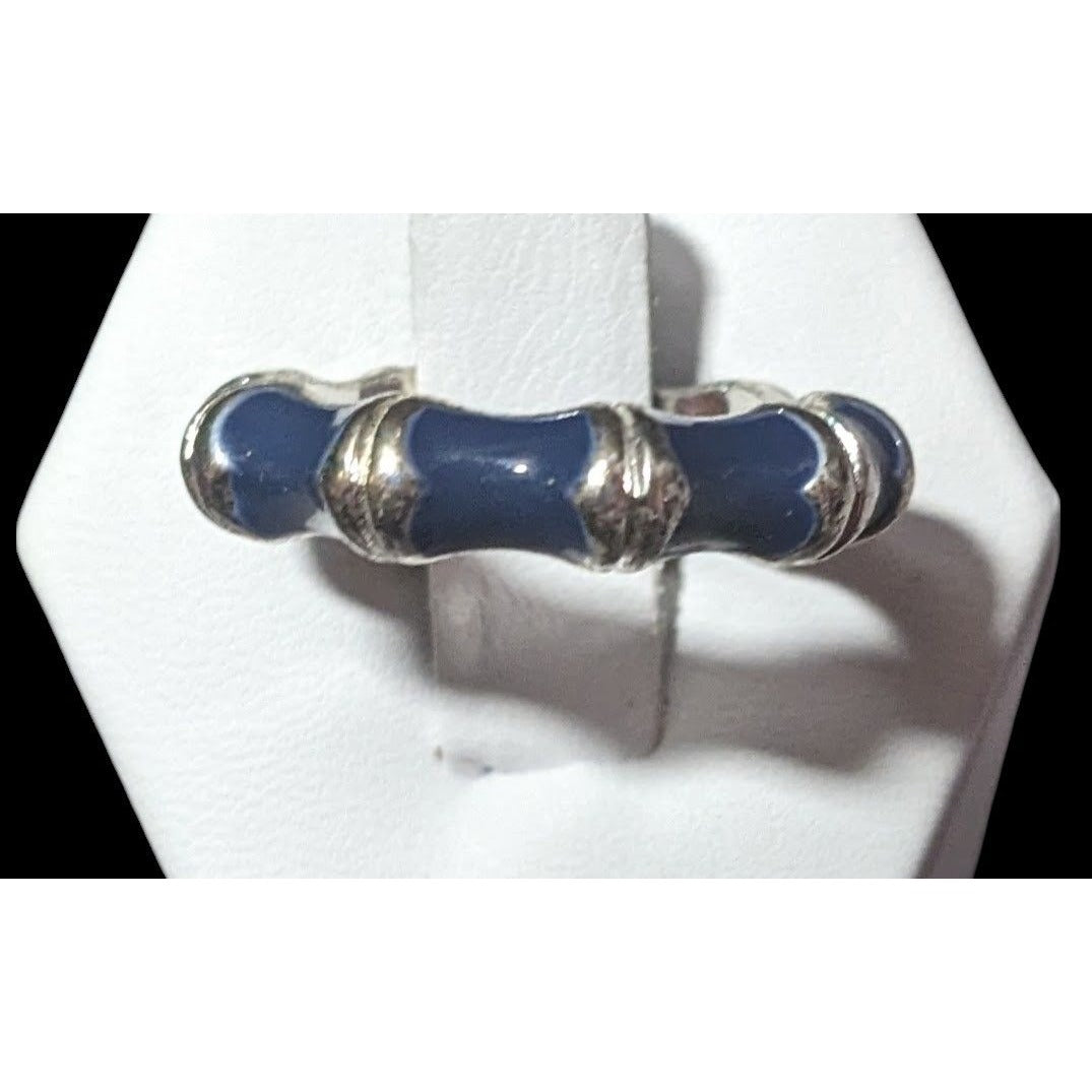 Vintage Bamboo Style Blue Enamel Silver Tone Ring Size 8