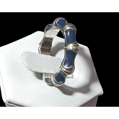 Vintage Bamboo Style Blue Enamel Silver Tone Ring Size 8