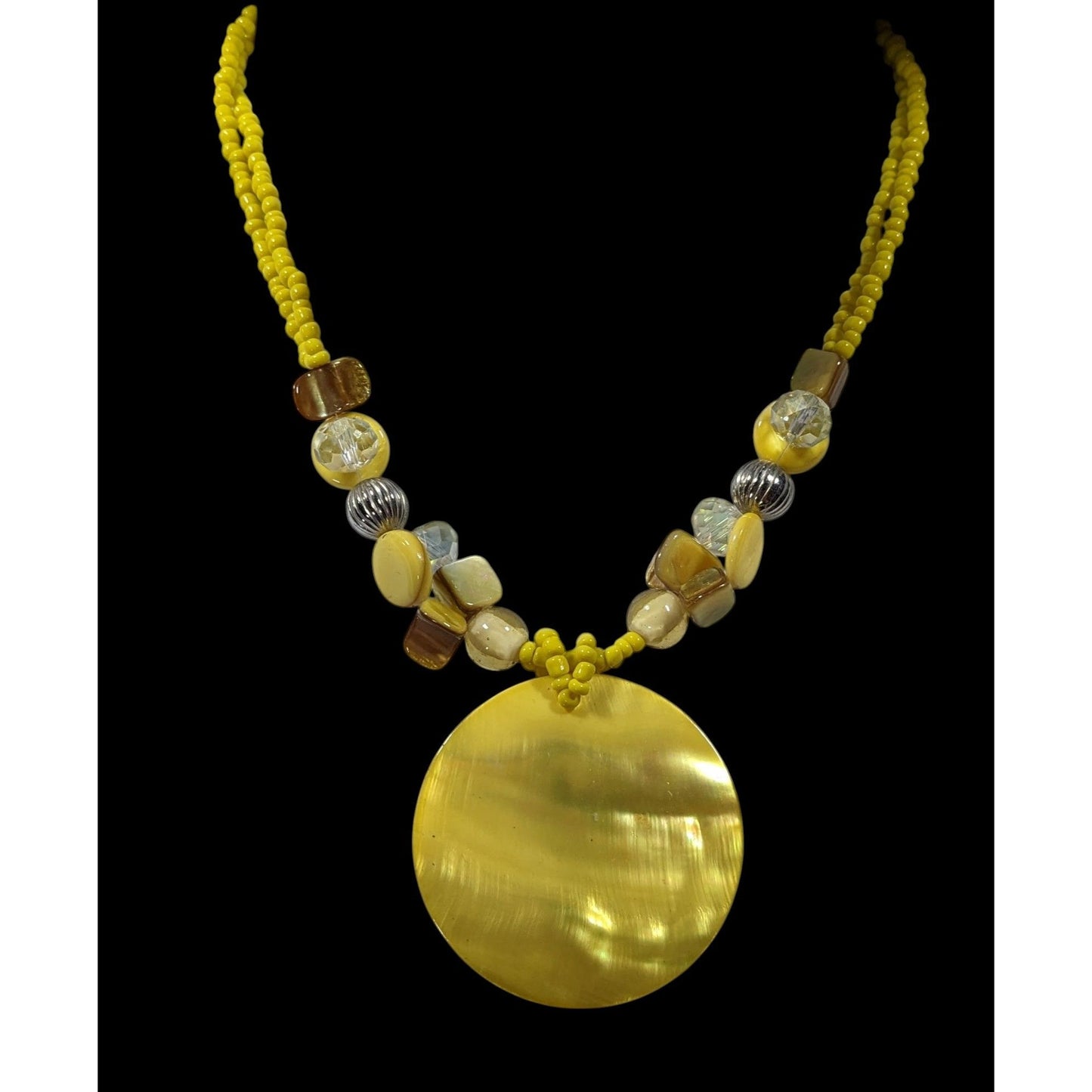 Summery Bohemian Hippie Yellow Shel Beaded Pendant Necklace
