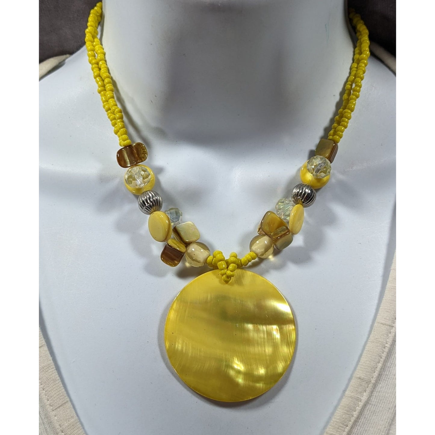 Summery Bohemian Hippie Yellow Shel Beaded Pendant Necklace