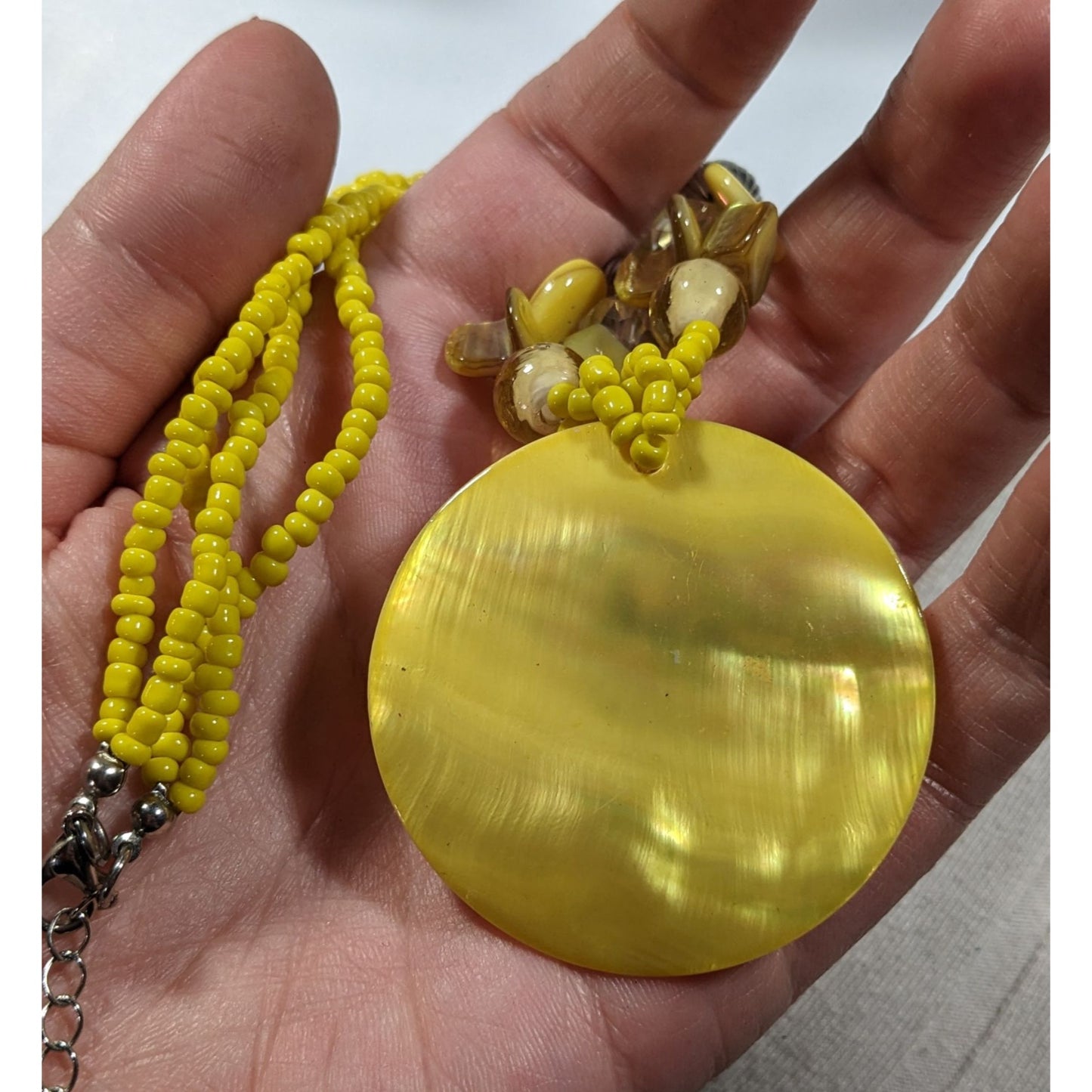 Summery Bohemian Hippie Yellow Shel Beaded Pendant Necklace