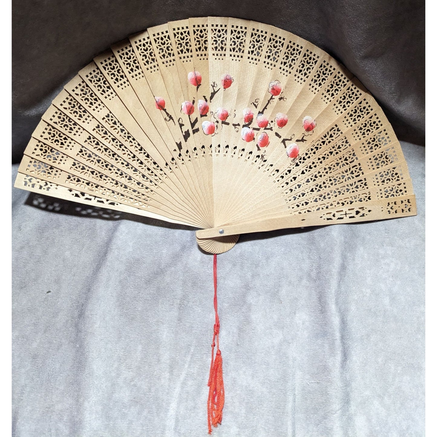 Vintage Carved Wood Hand Painted Floral Hand Fan