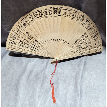 Vintage Carved Wood Hand Painted Floral Hand Fan