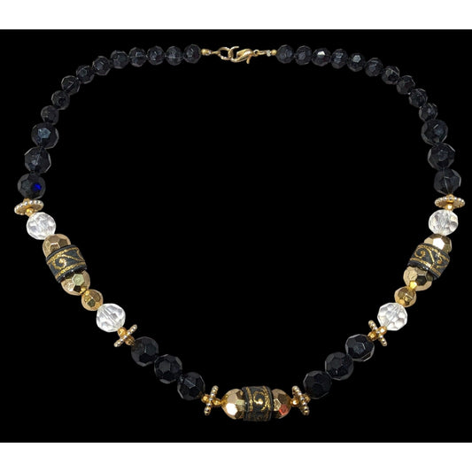 Chunky Glam Black And Gold Tone Beaded Necklace With Ribbon Accents