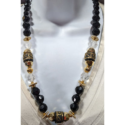 Chunky Glam Black And Gold Tone Beaded Necklace With Ribbon Accents