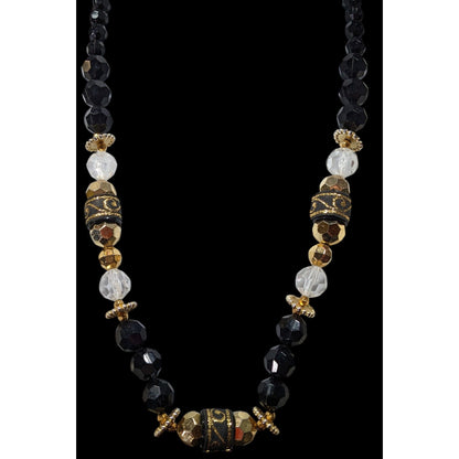 Chunky Glam Black And Gold Tone Beaded Necklace With Ribbon Accents