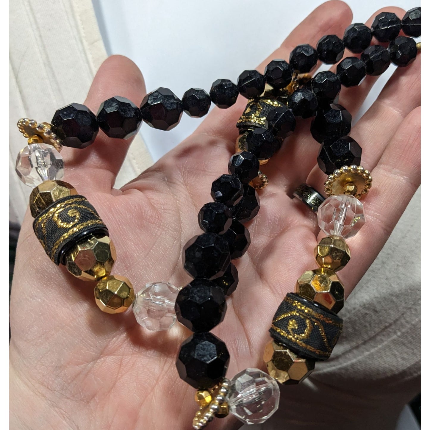 Chunky Glam Black And Gold Tone Beaded Necklace With Ribbon Accents