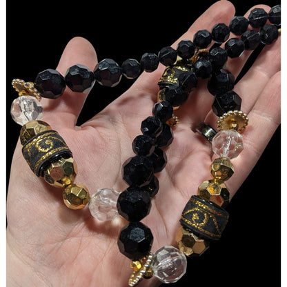 Chunky Glam Black And Gold Tone Beaded Necklace With Ribbon Accents
