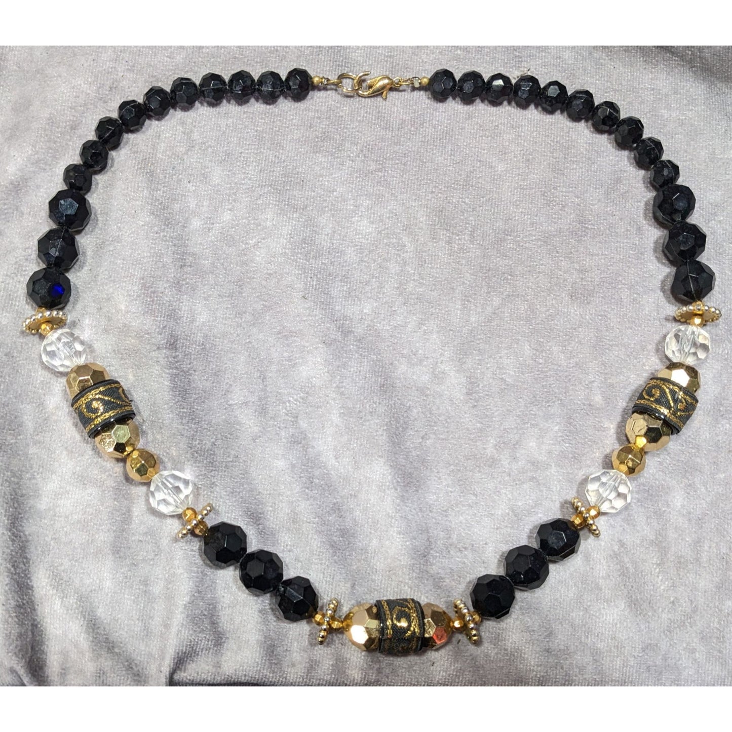 Chunky Glam Black And Gold Tone Beaded Necklace With Ribbon Accents