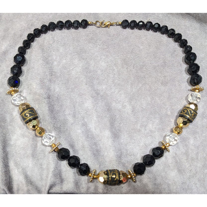 Chunky Glam Black And Gold Tone Beaded Necklace With Ribbon Accents