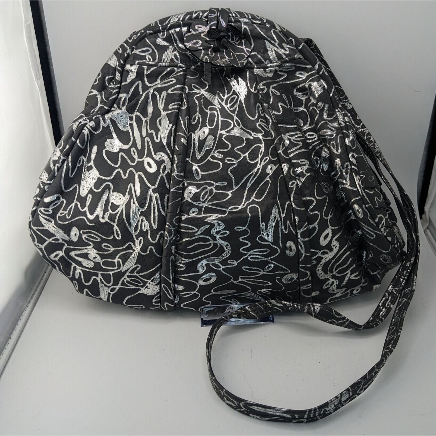 Vintage 90s Miriam Grey & Silver Abstract Pattern Genuine Leather Shoulder Bag