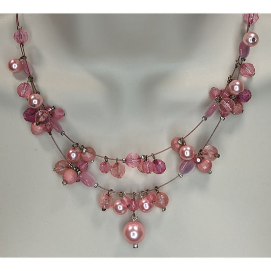 Pink Beaded Charm Necklace Statement Bib Necklace Coquette Romantic Jewelry
