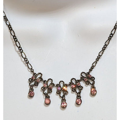 Pink Rhinestone Necklace Vintage Inspired Gunmetal Floral Dainty Statement Jewelry