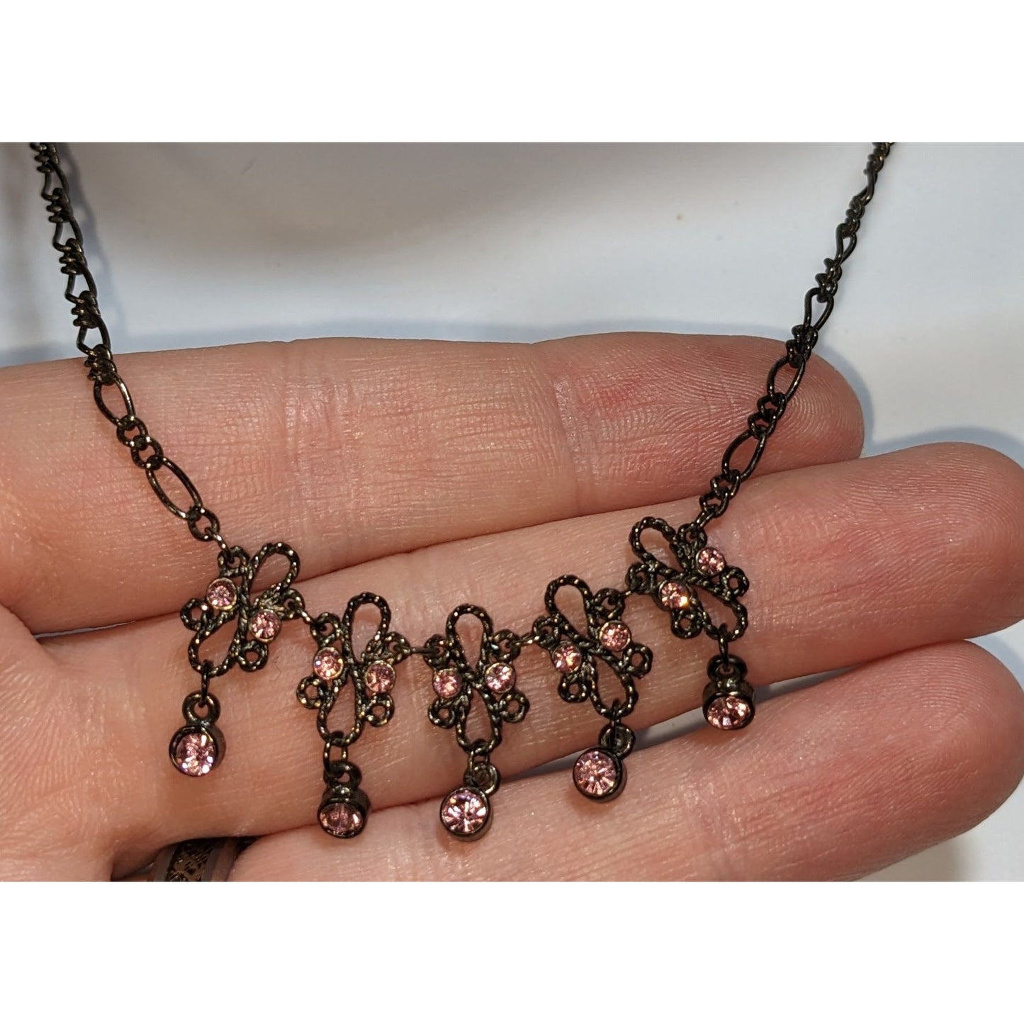 Pink Rhinestone Necklace Vintage Inspired Gunmetal Floral Dainty Statement Jewelry