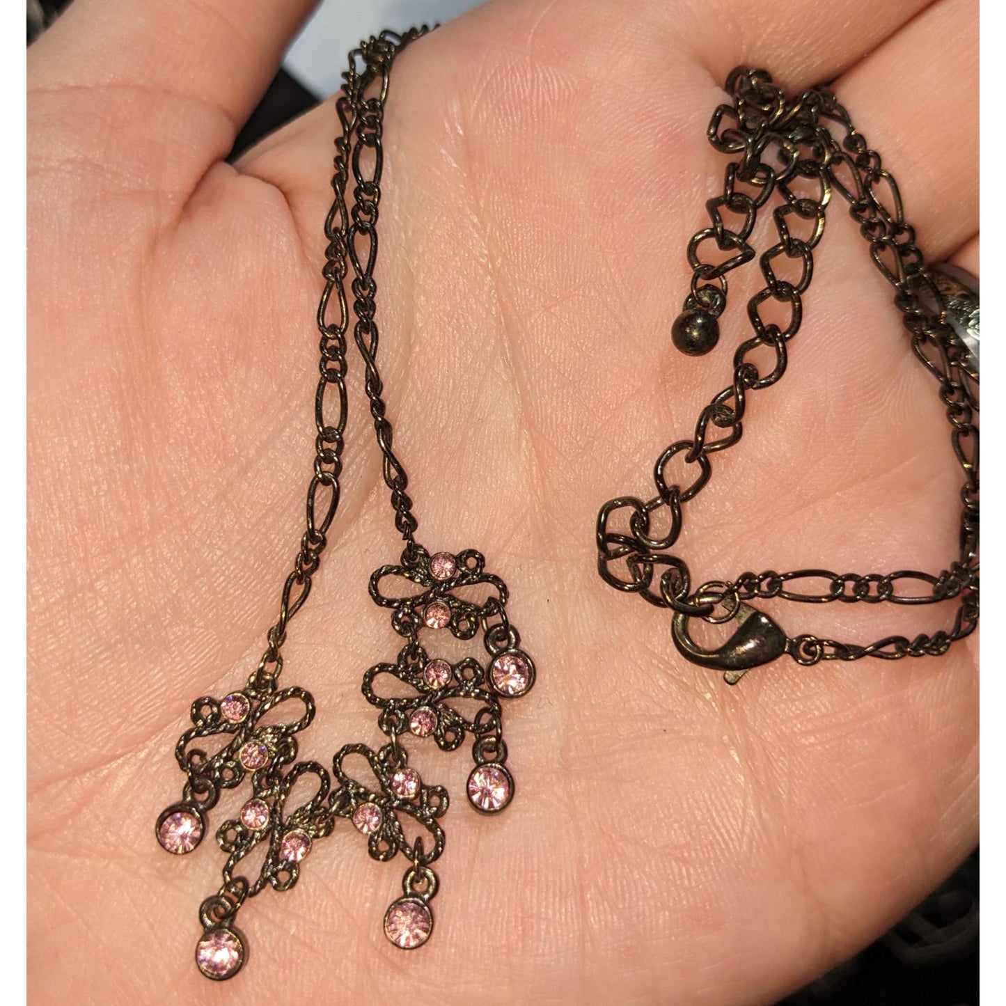 Pink Rhinestone Necklace Vintage Inspired Gunmetal Floral Dainty Statement Jewelry