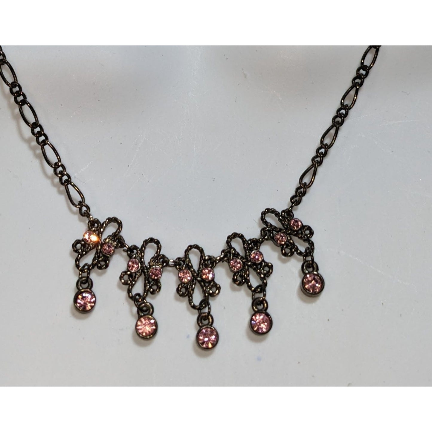 Pink Rhinestone Necklace Vintage Inspired Gunmetal Floral Dainty Statement Jewelry