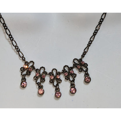 Pink Rhinestone Necklace Vintage Inspired Gunmetal Floral Dainty Statement Jewelry