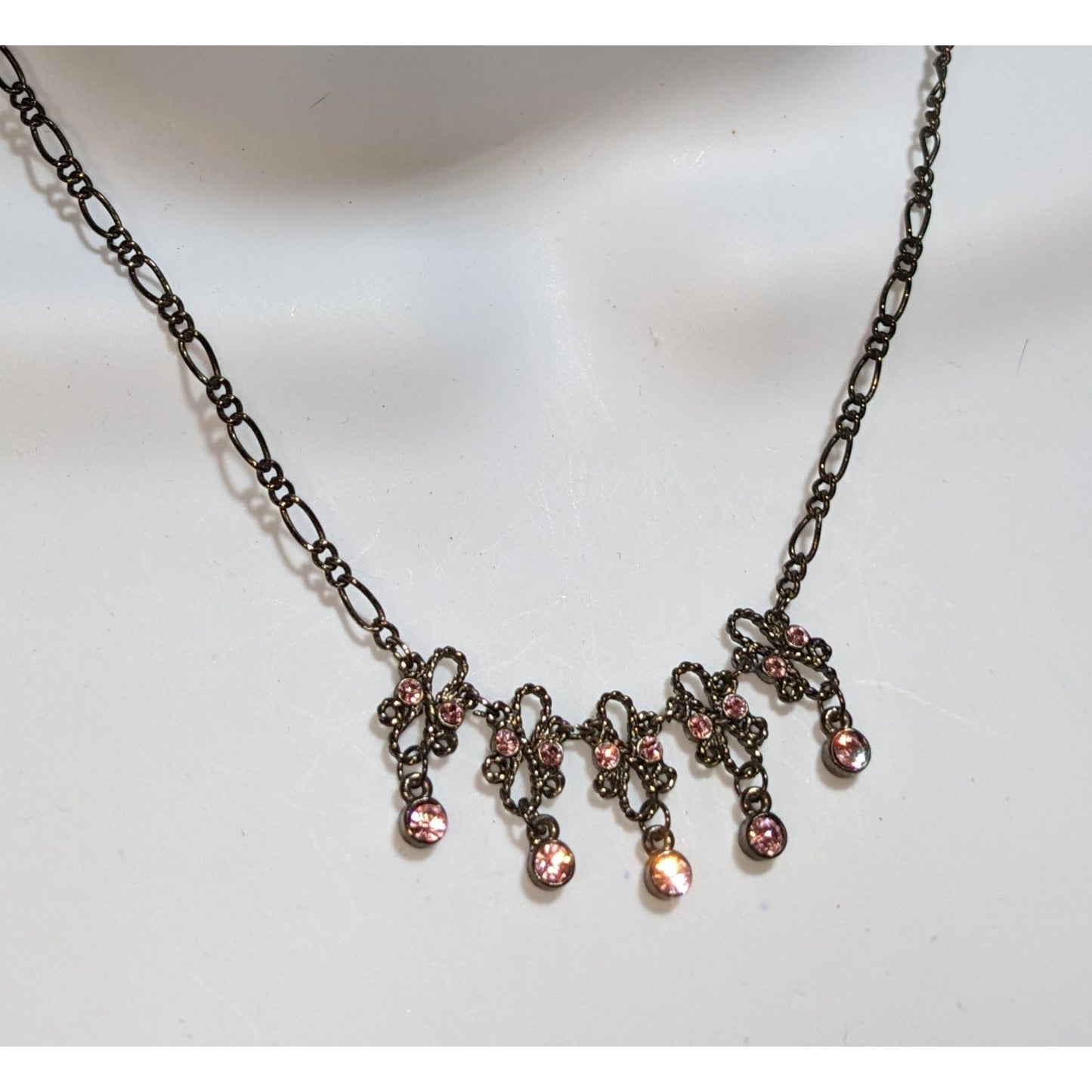 Pink Rhinestone Necklace Vintage Inspired Gunmetal Floral Dainty Statement Jewelry