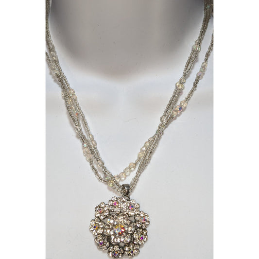 Vintage Fairycore Glam Crystal Beaded Necklace With Rhinestone Floral Pendant