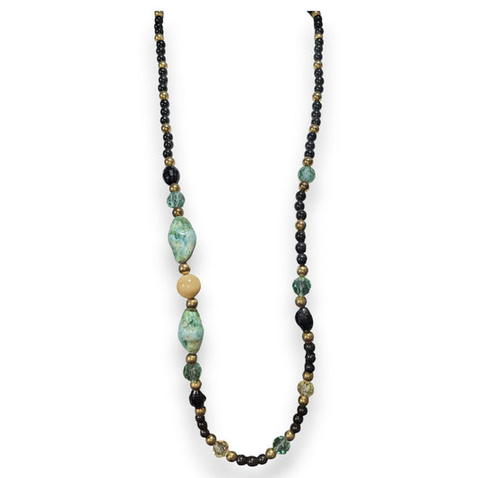 Boho Eclectic Acrylic Black Faux Turquoise Beaded Necklace 34 Inch