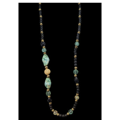 Boho Eclectic Acrylic Black Faux Turquoise Beaded Necklace 34 Inch