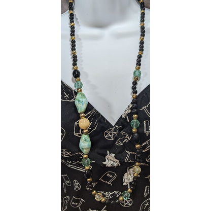 Boho Eclectic Acrylic Black Faux Turquoise Beaded Necklace 34 Inch