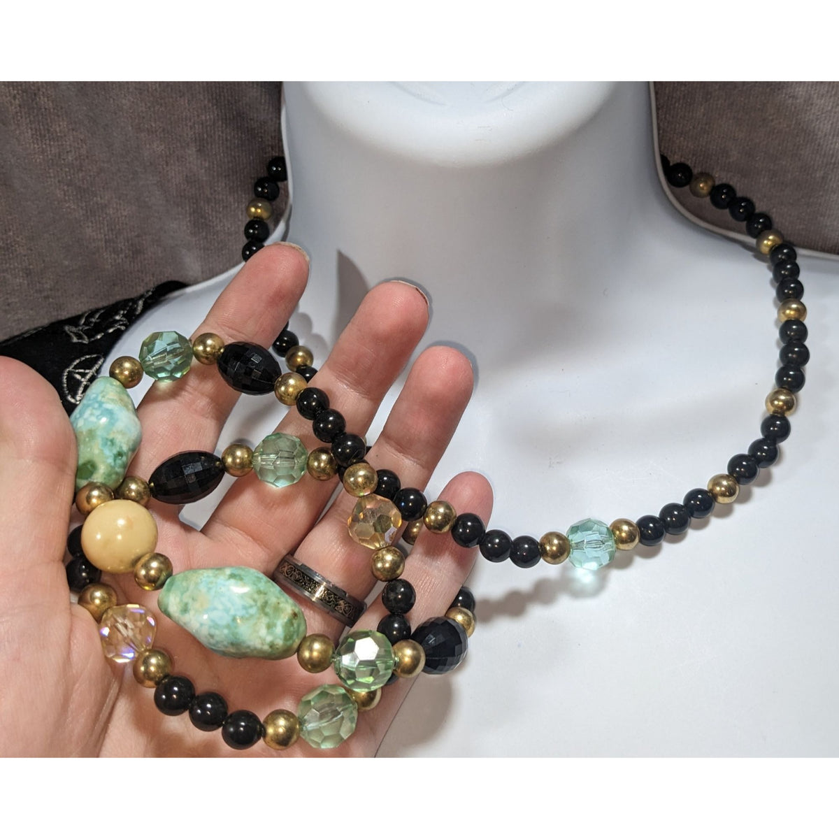 Boho Eclectic Acrylic Black Faux Turquoise Beaded Necklace 34 Inch
