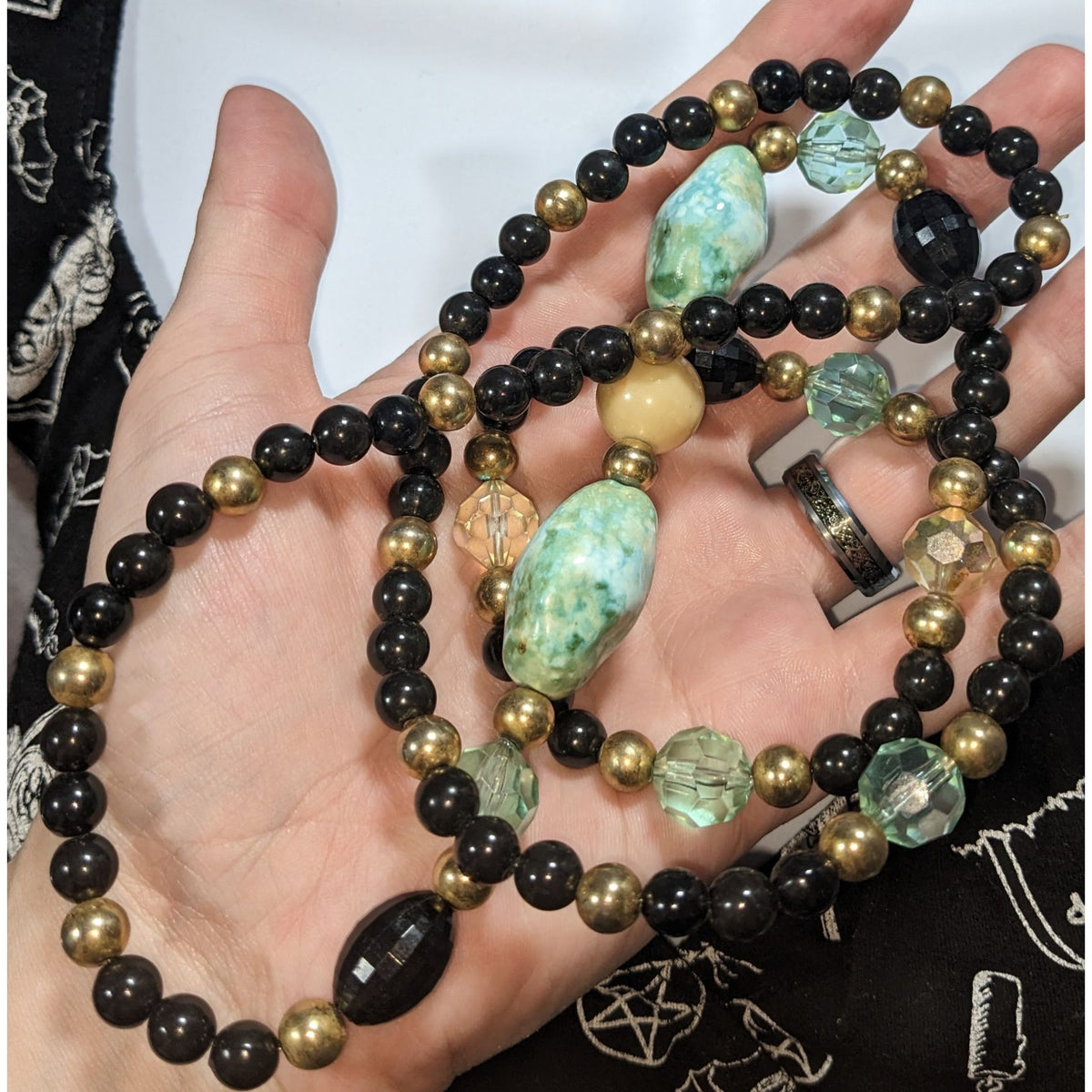 Boho Eclectic Acrylic Black Faux Turquoise Beaded Necklace 34 Inch