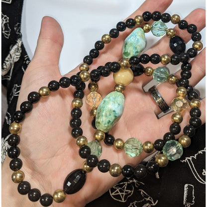 Boho Eclectic Acrylic Black Faux Turquoise Beaded Necklace 34 Inch