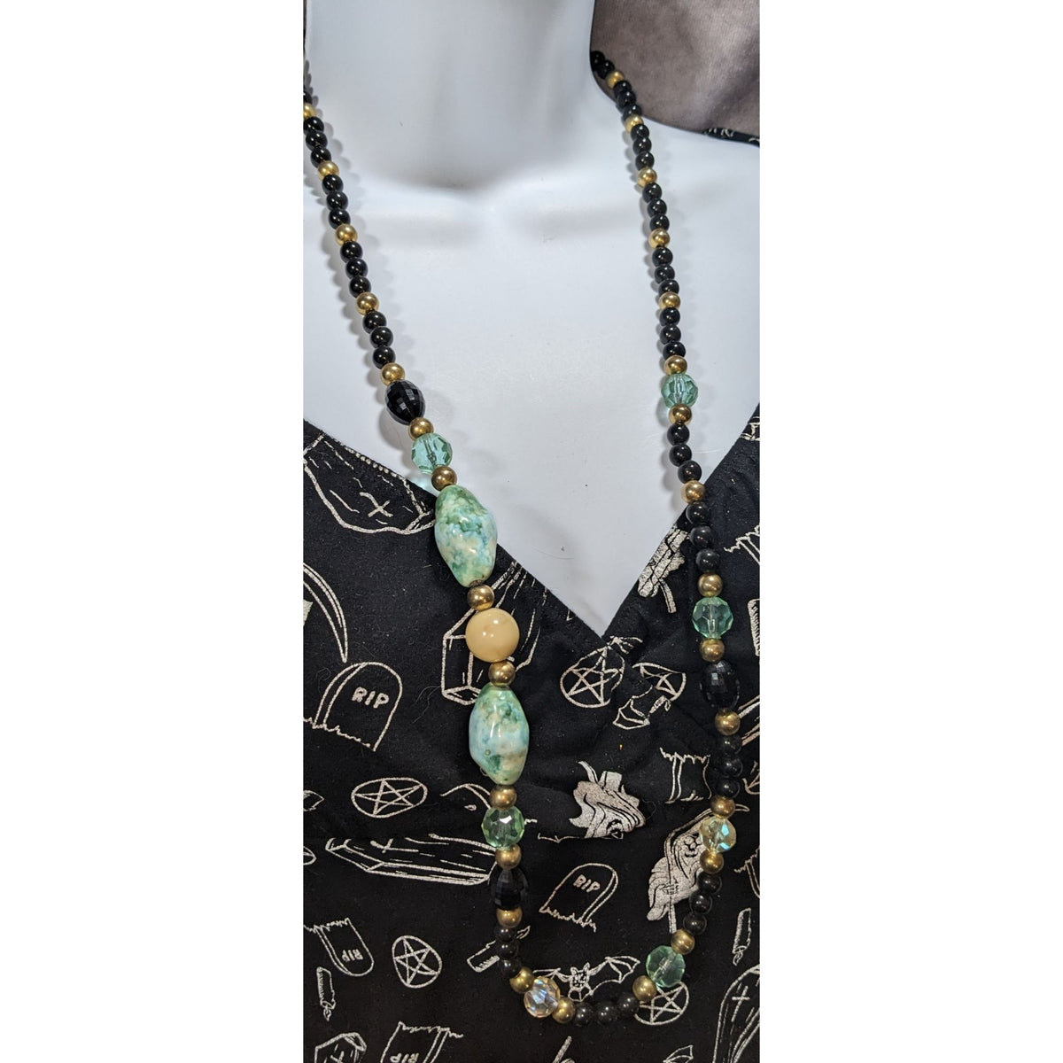 Boho Eclectic Acrylic Black Faux Turquoise Beaded Necklace 34 Inch