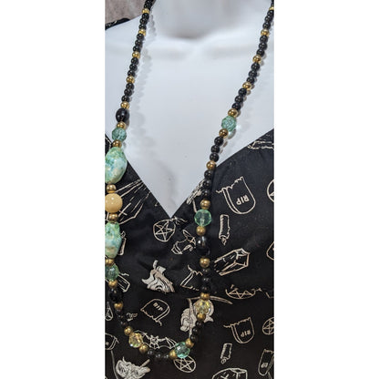 Boho Eclectic Acrylic Black Faux Turquoise Beaded Necklace 34 Inch