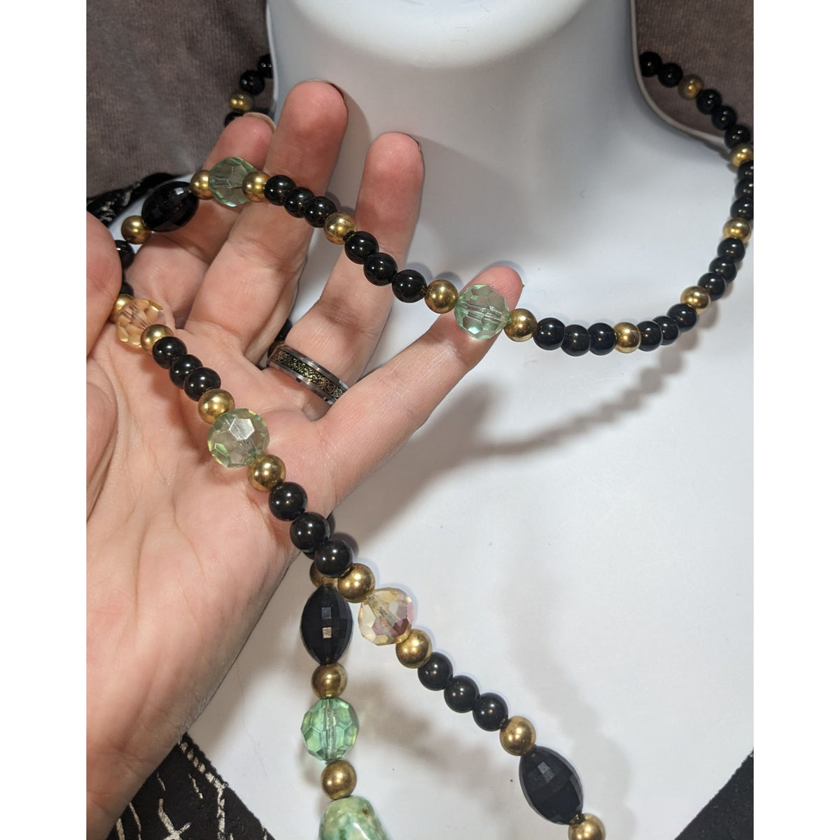 Boho Eclectic Acrylic Black Faux Turquoise Beaded Necklace 34 Inch
