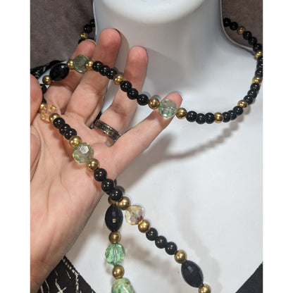 Boho Eclectic Acrylic Black Faux Turquoise Beaded Necklace 34 Inch