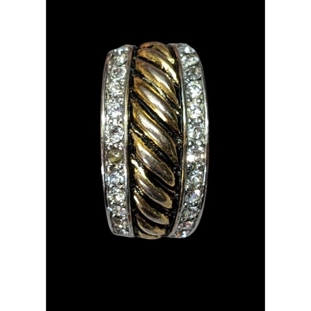 Gold Tone Scalloped And Silver Tone Stacked Ring With Rhinestone Accents