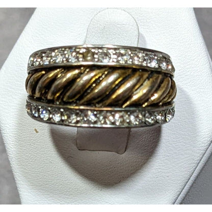 Gold Tone Scalloped And Silver Tone Stacked Ring With Rhinestone Accents