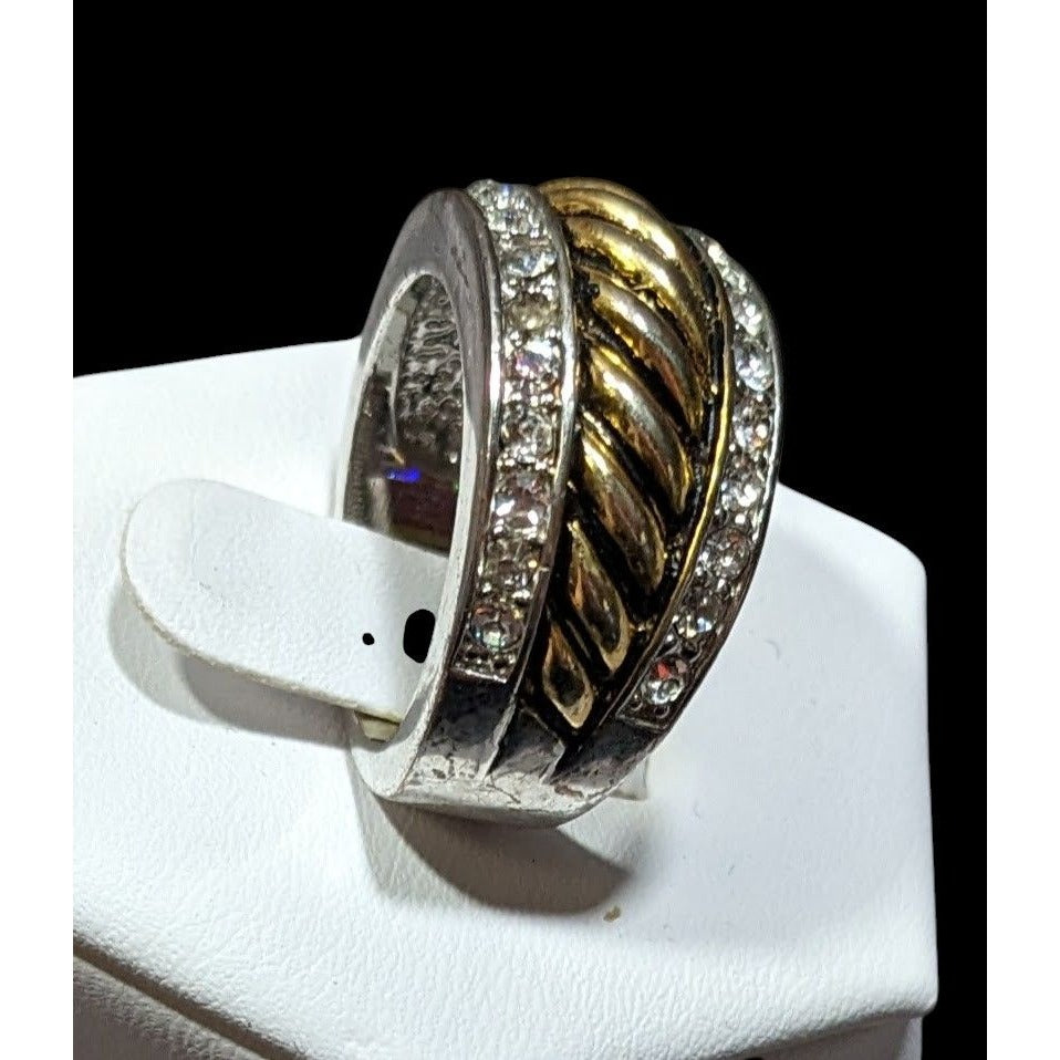 Gold Tone Scalloped And Silver Tone Stacked Ring With Rhinestone Accents