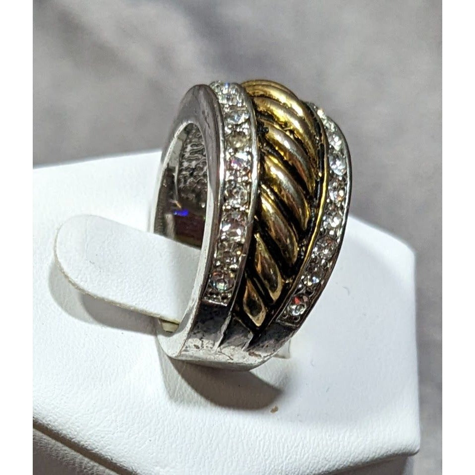 Gold Tone Scalloped And Silver Tone Stacked Ring With Rhinestone Accents