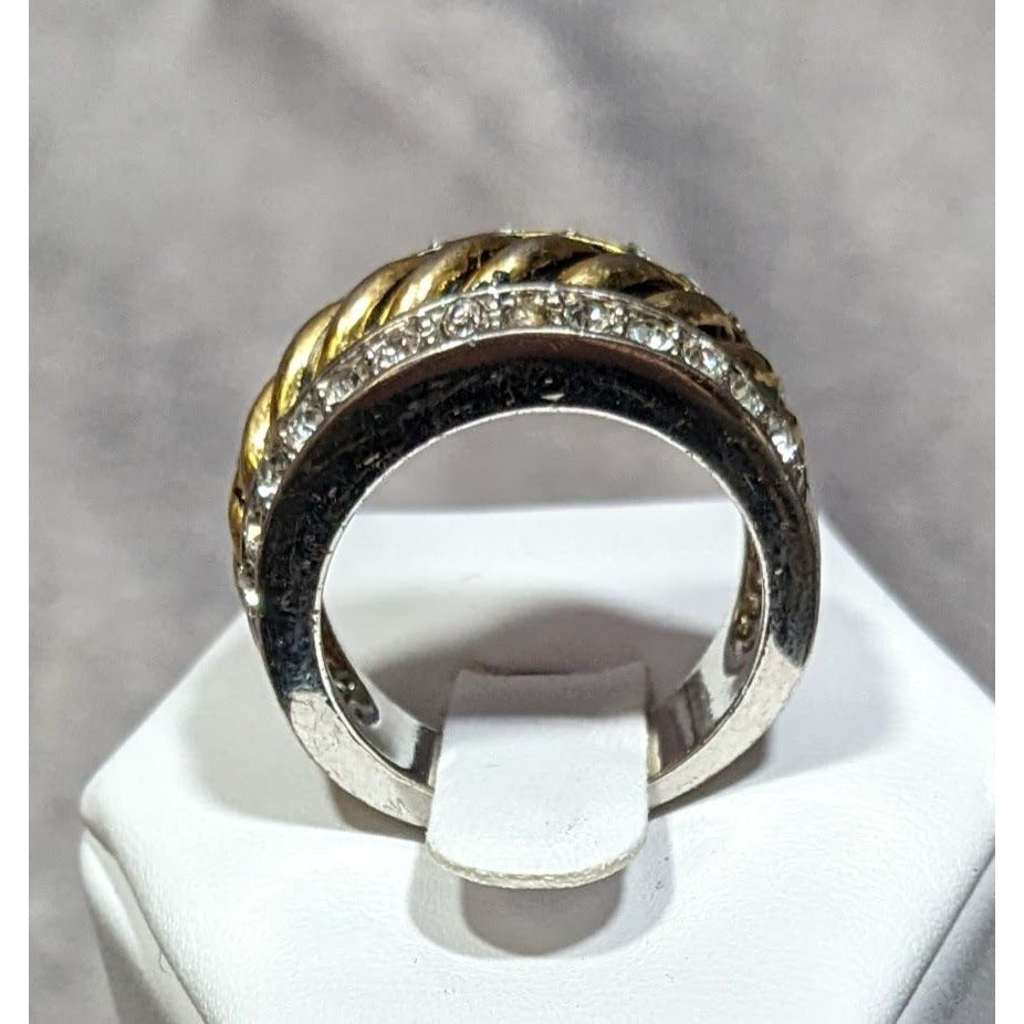 Gold Tone Scalloped And Silver Tone Stacked Ring With Rhinestone Accents