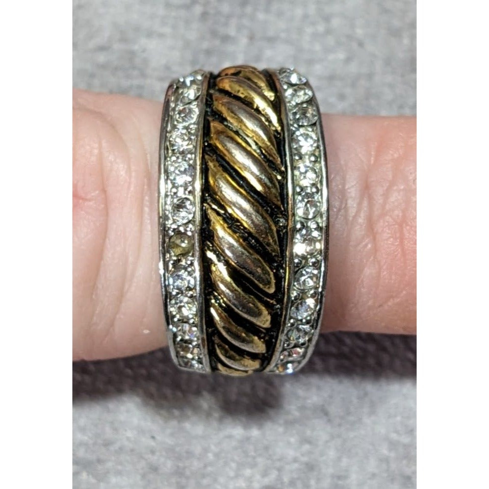 Gold Tone Scalloped And Silver Tone Stacked Ring With Rhinestone Accents