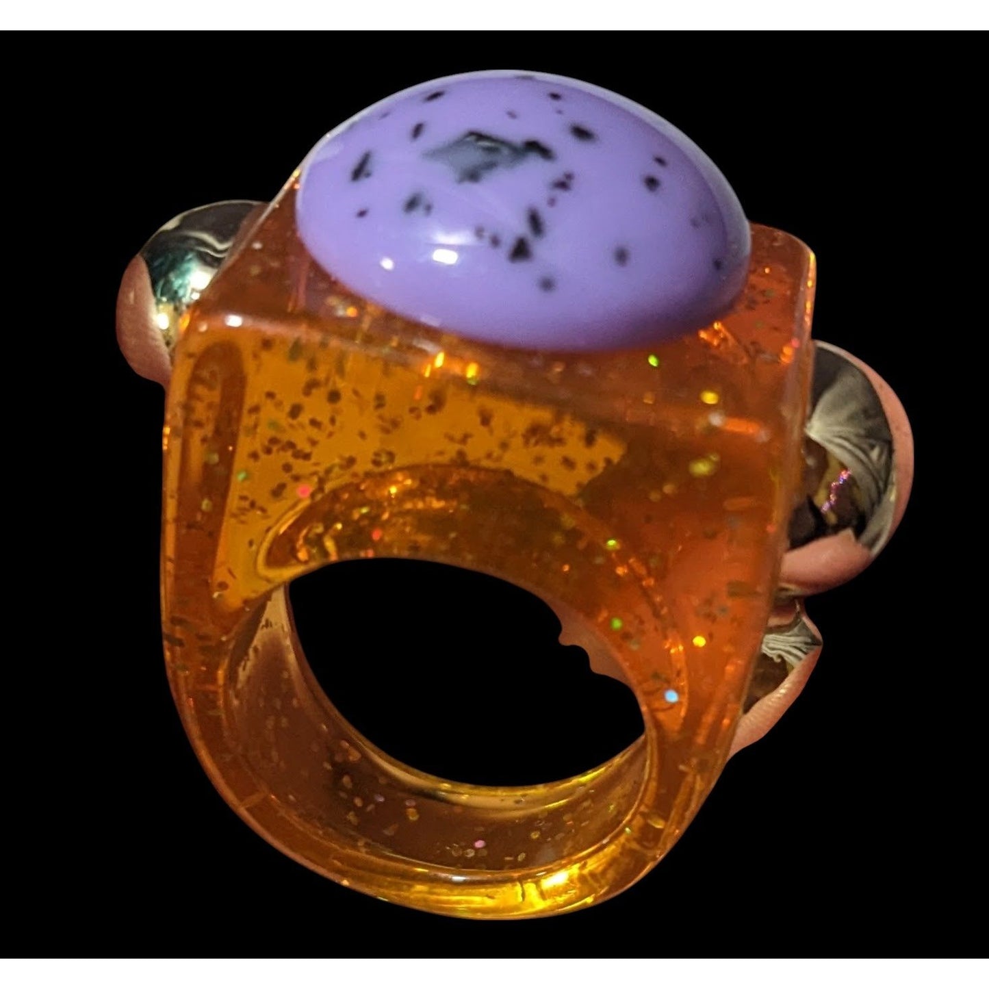 Chunky Translucent Orange Glitter Ring With Gold And Purple Accents