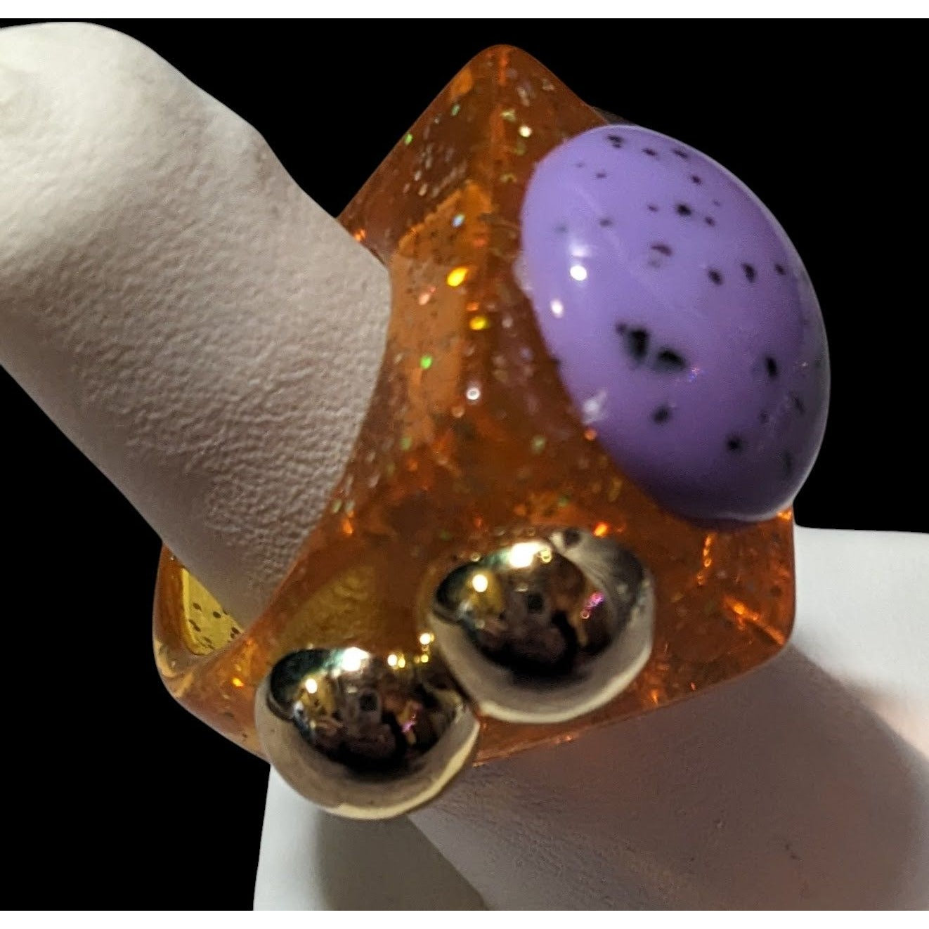 Chunky Translucent Orange Glitter Ring With Gold And Purple Accents