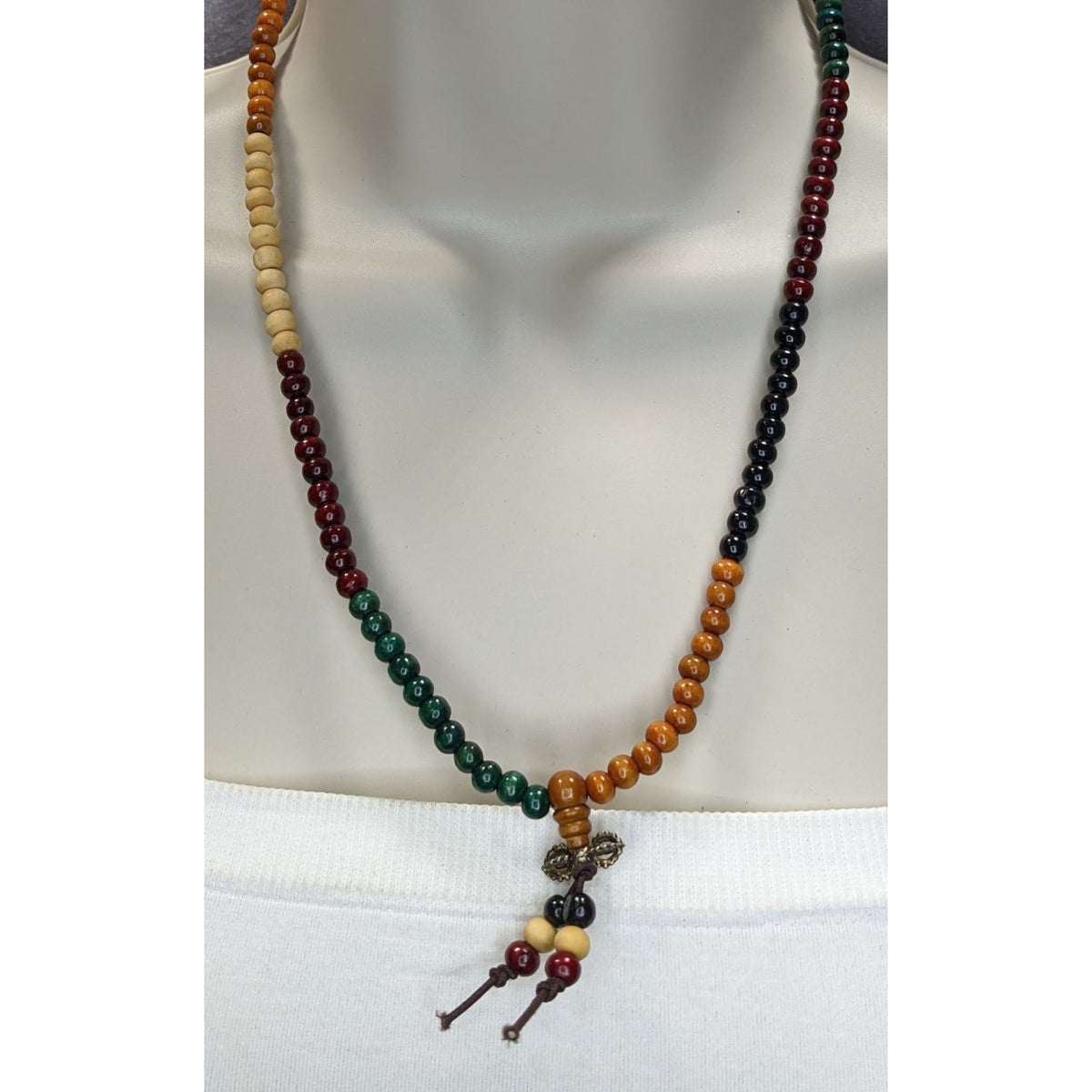 Boho Tibetan Inspired Wood Bead Stretch Necklace Multicolor 22 Inch