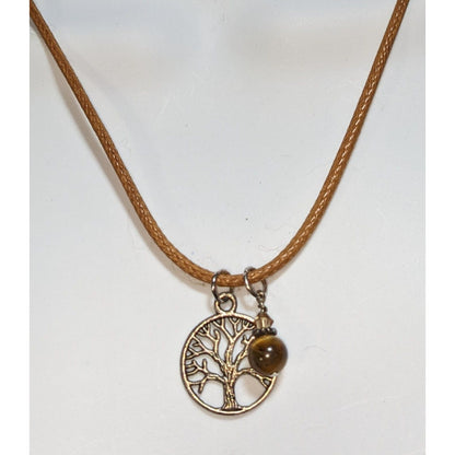 Tree of Life Necklace Tiger Eye Charm Brown Cord Nature Boho Spiritual Pendant
