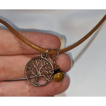 Tree of Life Necklace Tiger Eye Charm Brown Cord Nature Boho Spiritual Pendant