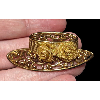 Vintage Gold Tone Filigree Mesh Flower Hat Brooch