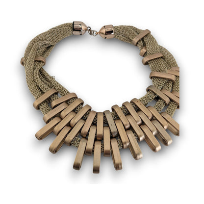 Glam Sculptural Metallic Thread Gold Tone Plastic Bib Necklace 16 Inch