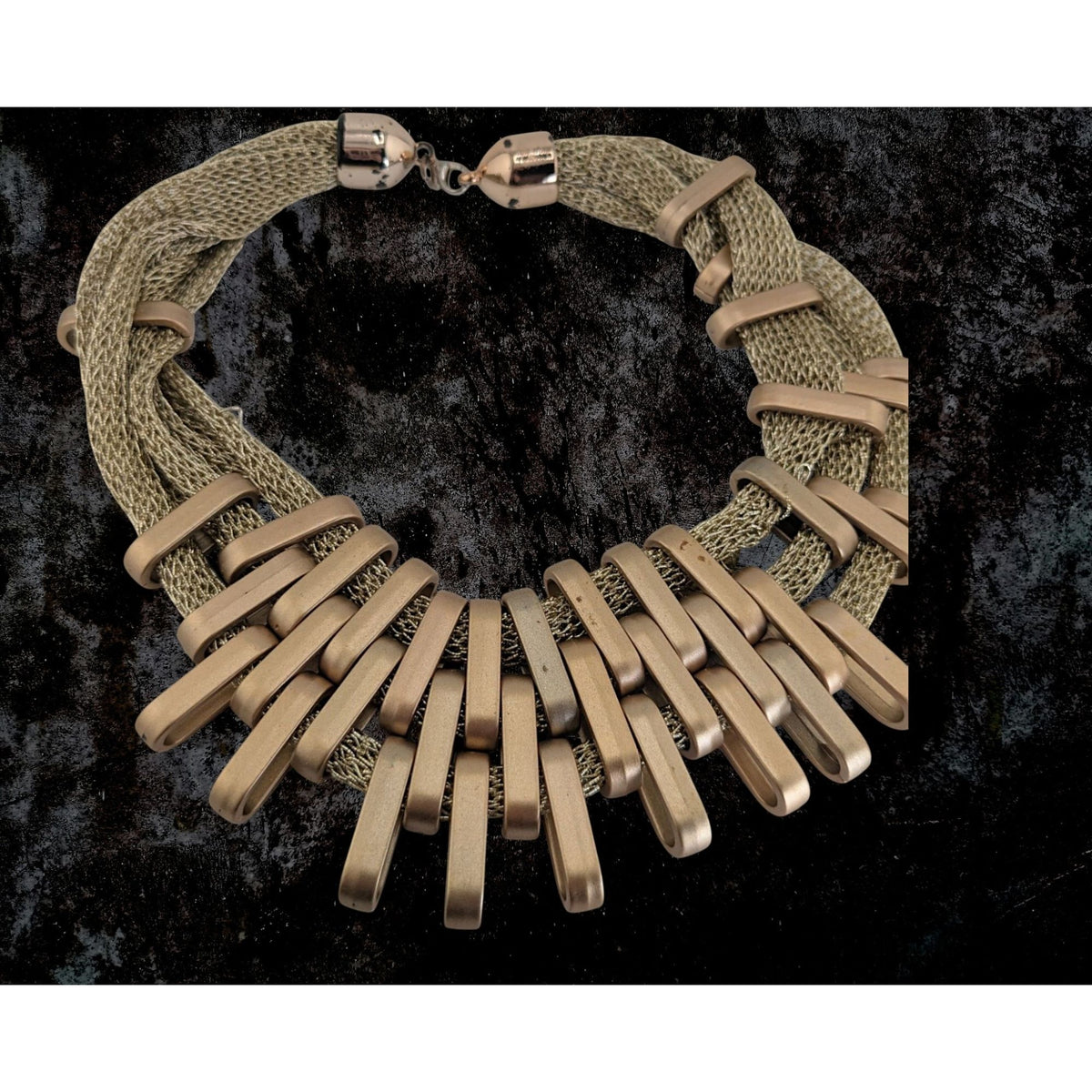 Glam Sculptural Metallic Thread Gold Tone Plastic Bib Necklace 16 Inch