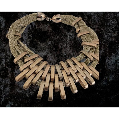 Glam Sculptural Metallic Thread Gold Tone Plastic Bib Necklace 16 Inch
