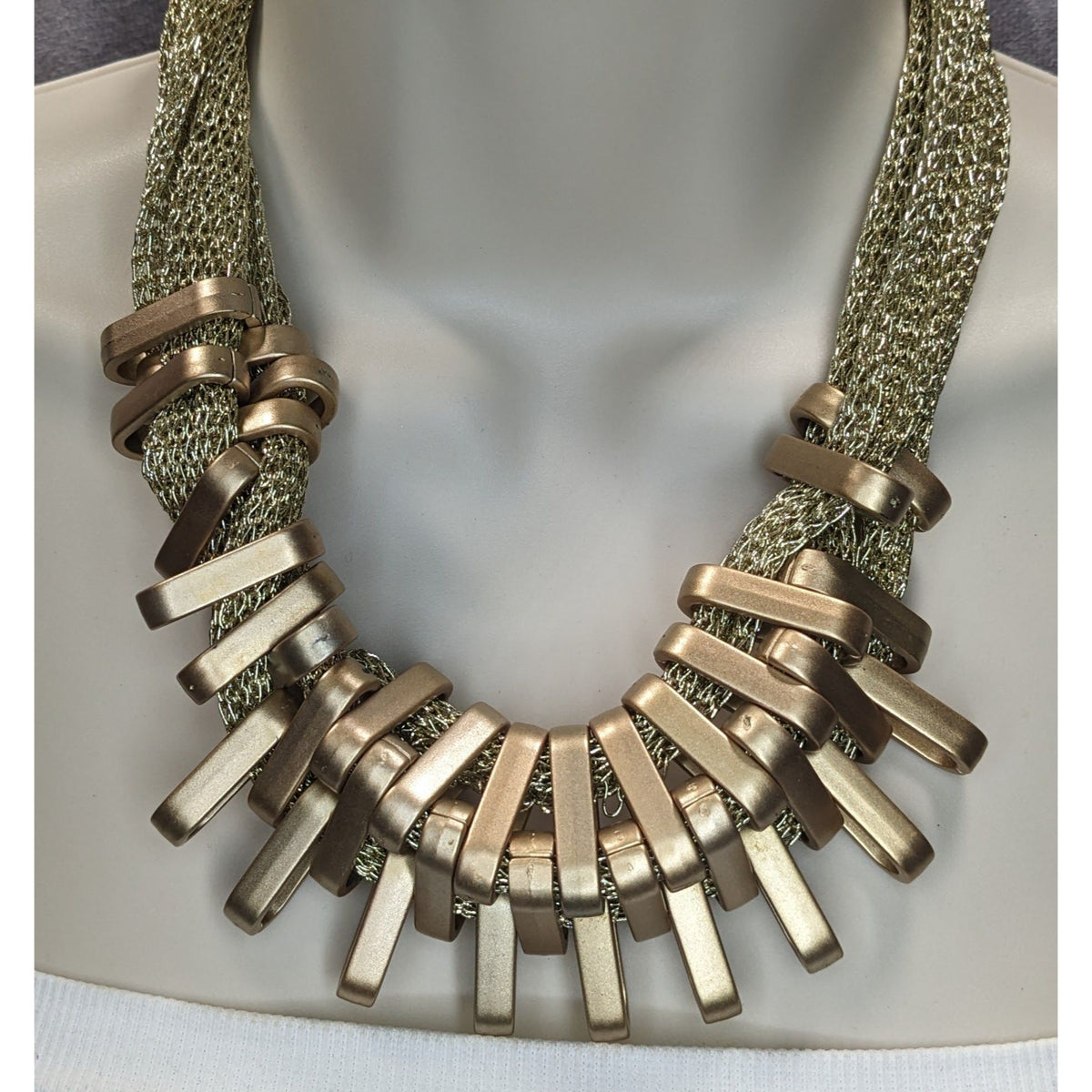 Glam Sculptural Metallic Thread Gold Tone Plastic Bib Necklace 16 Inch